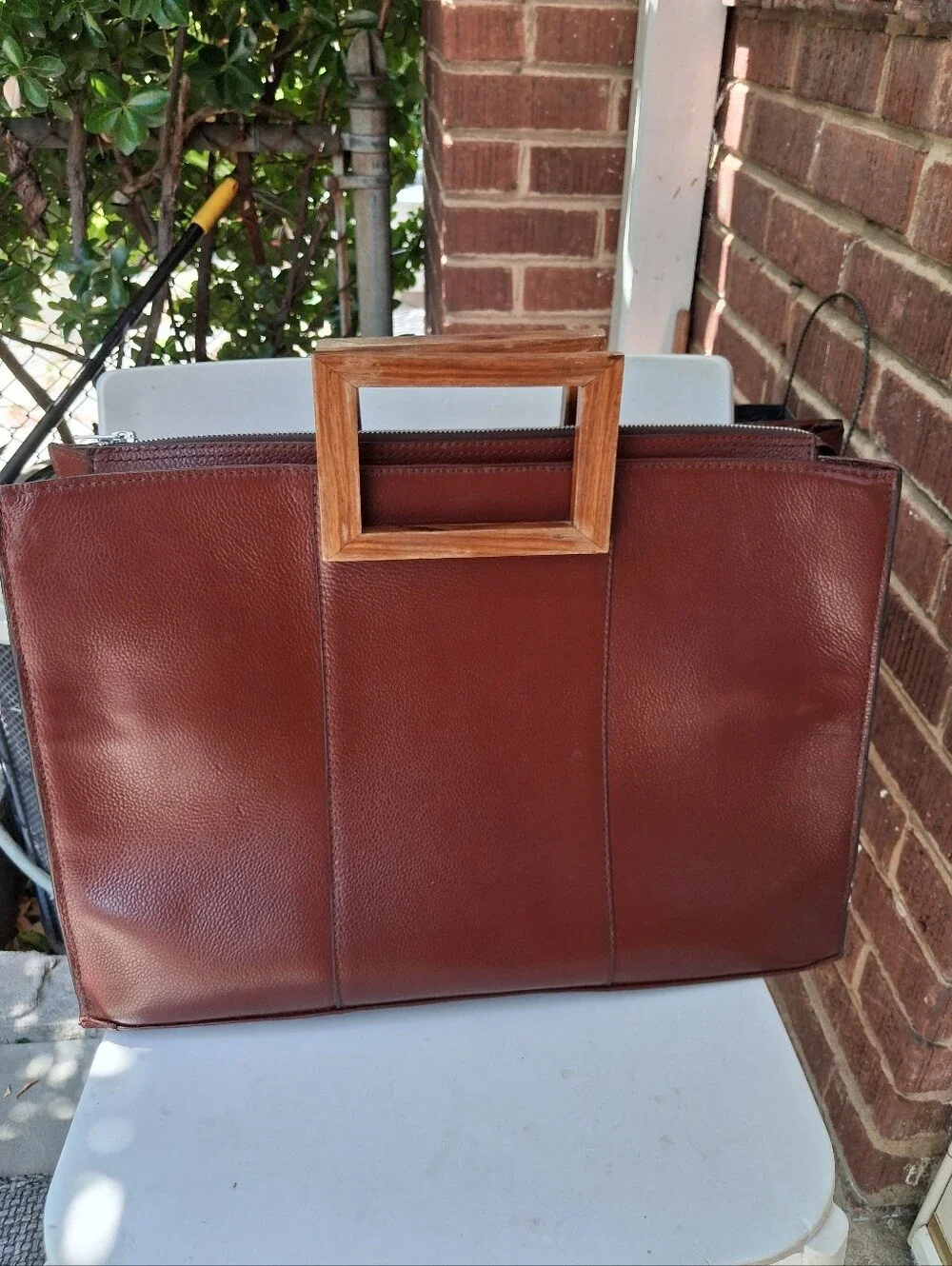 Chestnut Brown Leather Briefcase with Wooden Top Handle